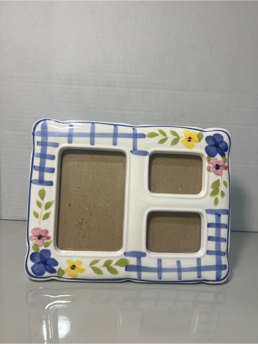 Ceramic Triple Photo Frame 8x6 Blue Plaid Floral Collage Cottage Decor